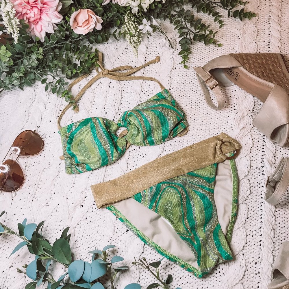 GUESS Women's Green/Gold Shimmer Bikini Set XS & S